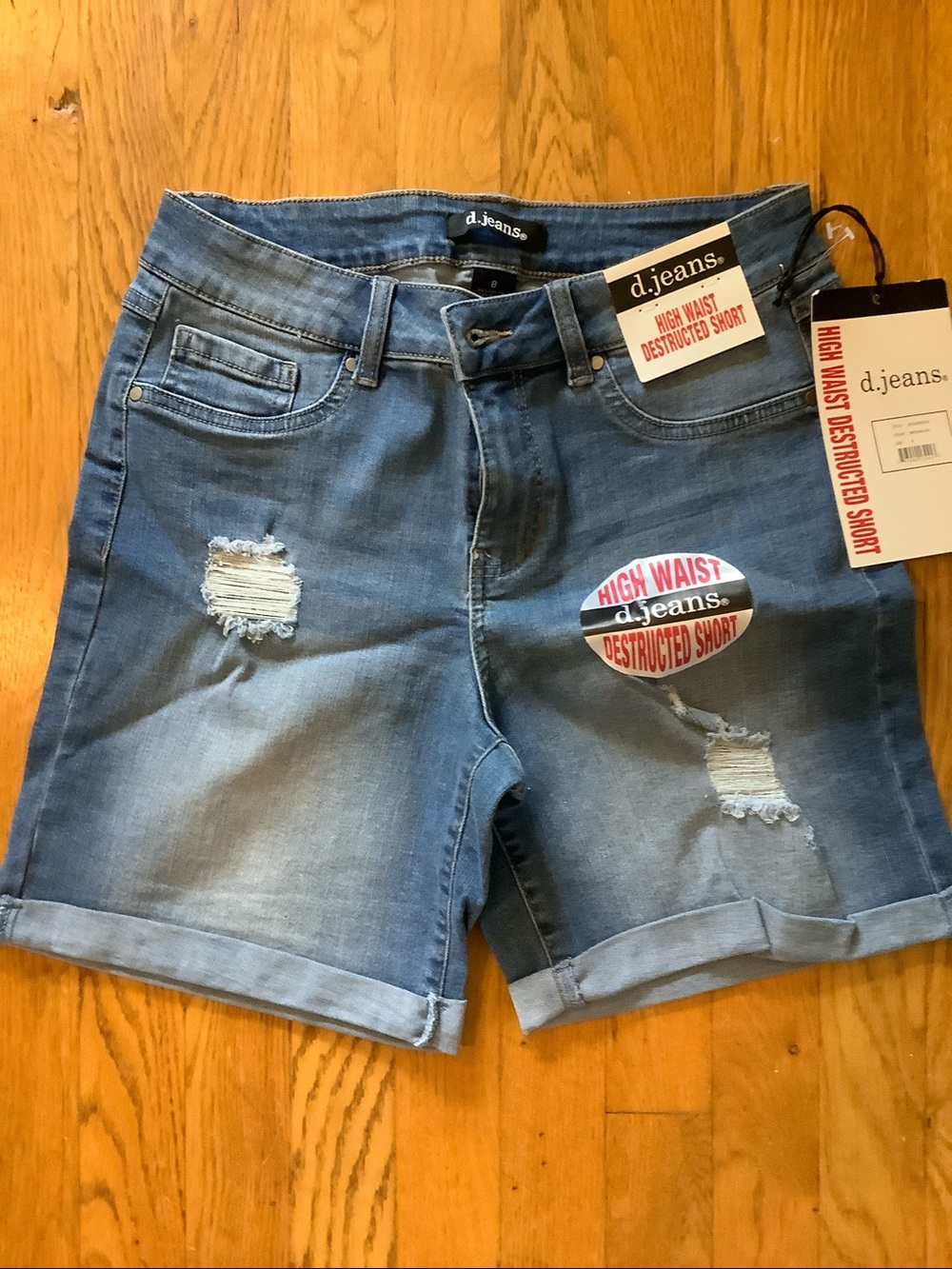 High Waist Distressed Blue Denim Shorts - size 8